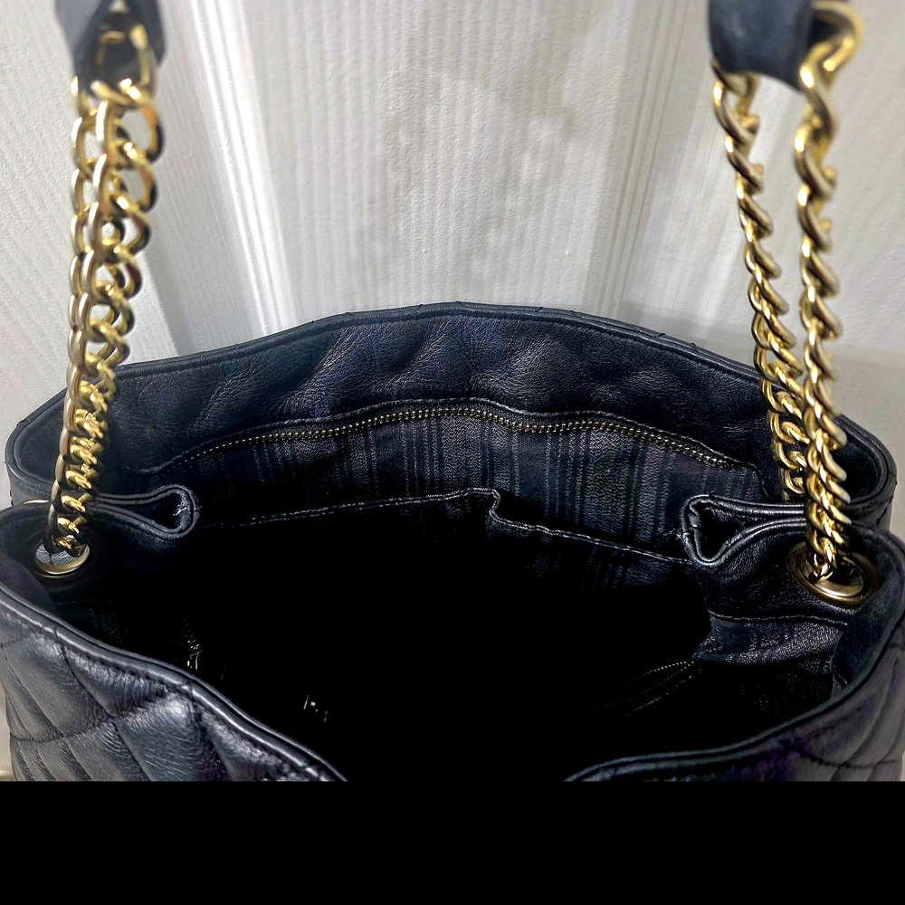 Quilted Black Shoulder Tote with Gold Chain Handles - Picture 3 of 5